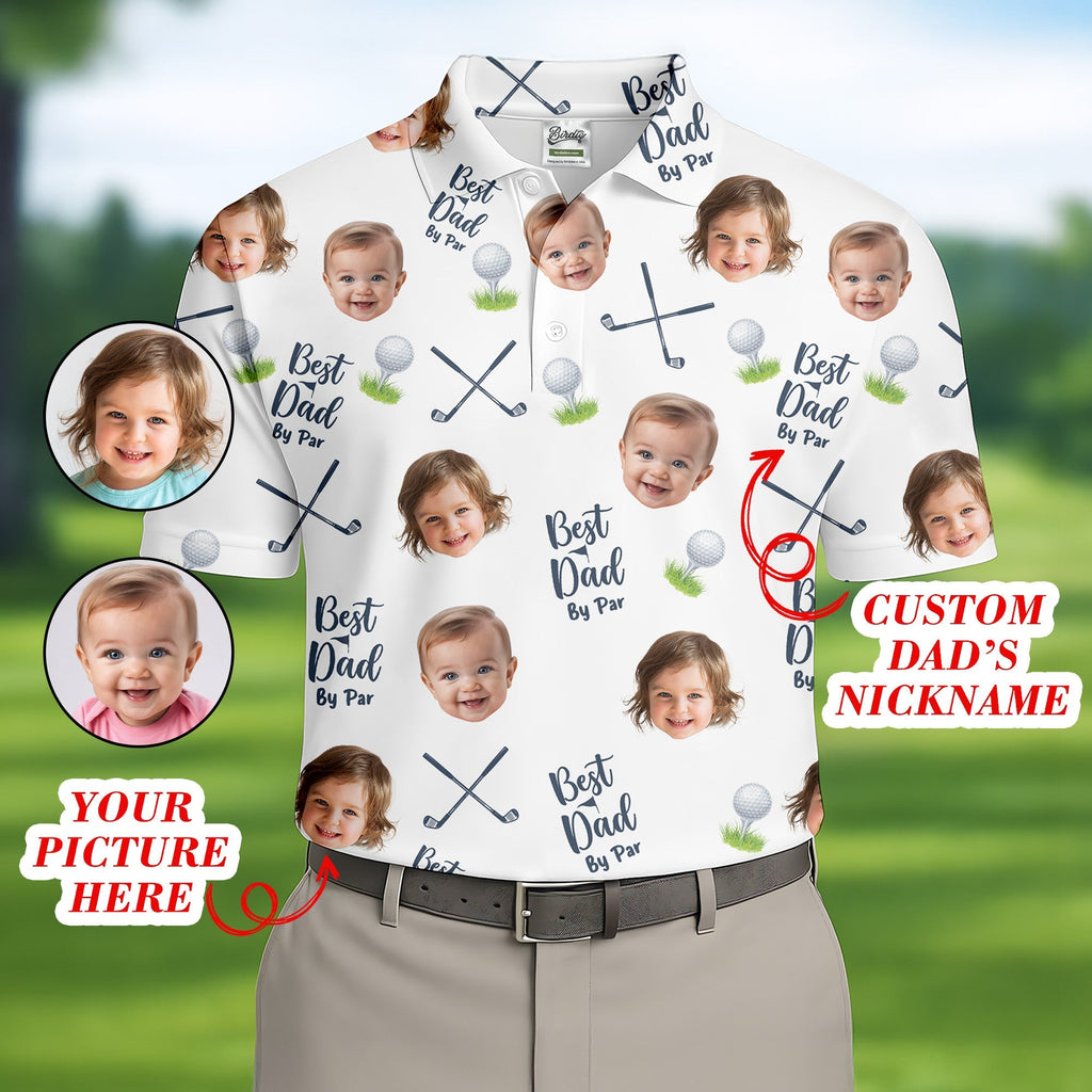 Best Dad By Par Funny Golf Polos  Custom Face Polo Shirt HG Christmas Golf Gift