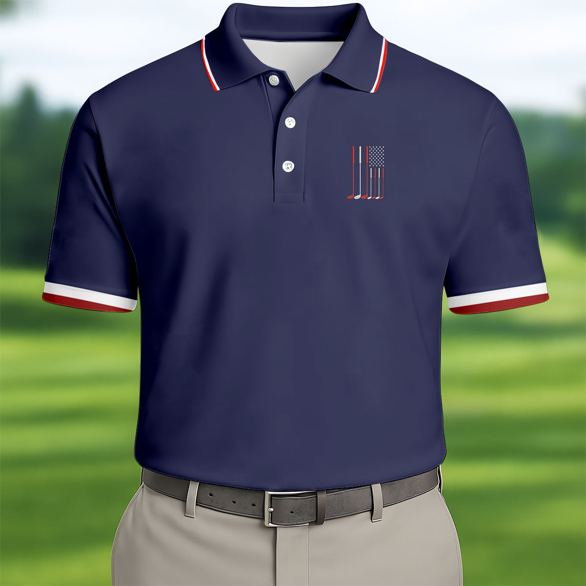 Golf Clubs America Flag Logo 250th Anniversary Navy Golf Shirt  HG Patriotic Golf Shirt  HG Golf Shirts For Men