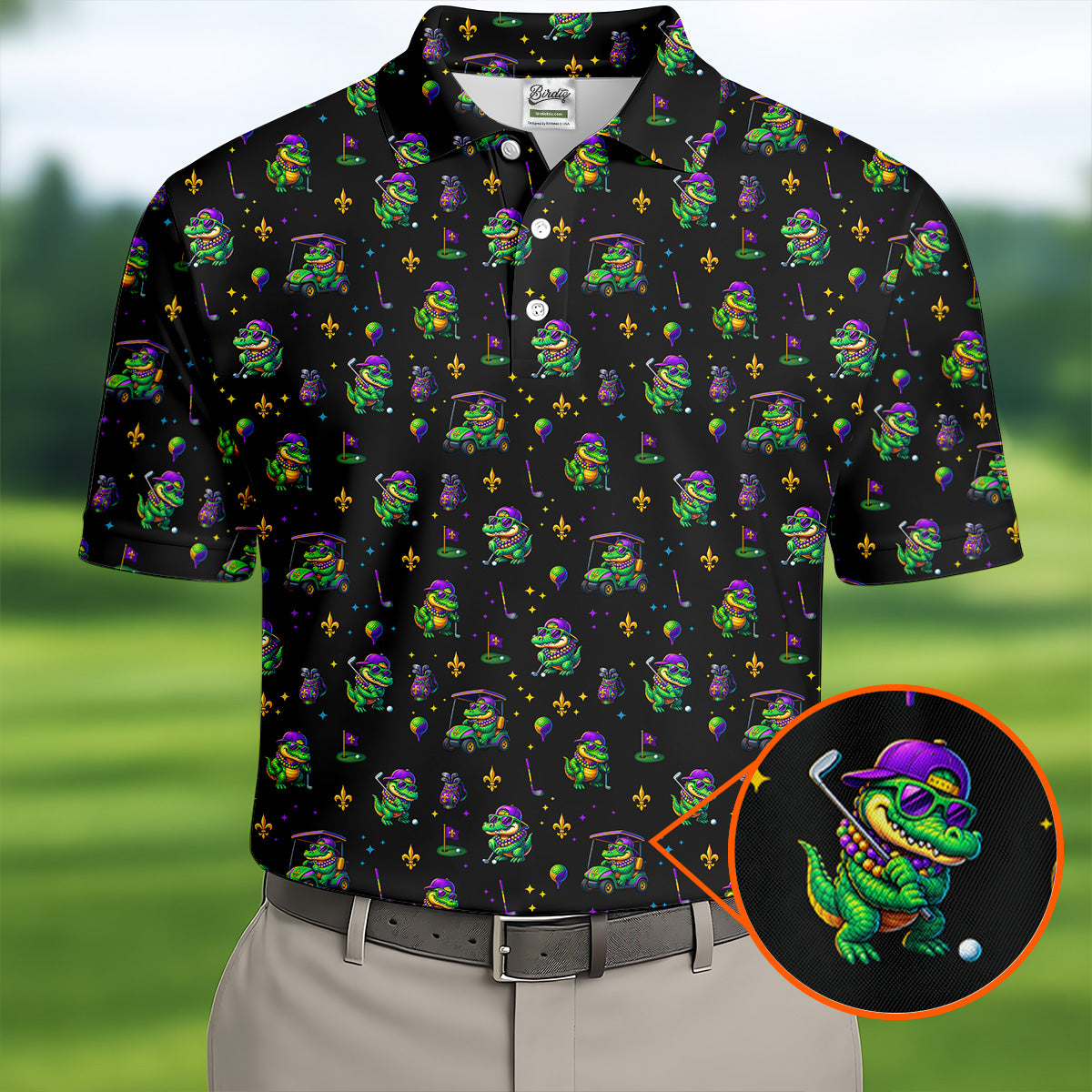 Funny Crocodile Mardi Gras Golf Shirts  Black Polo Shirt HG Golf Gift For Men  Golf Shirts For Men