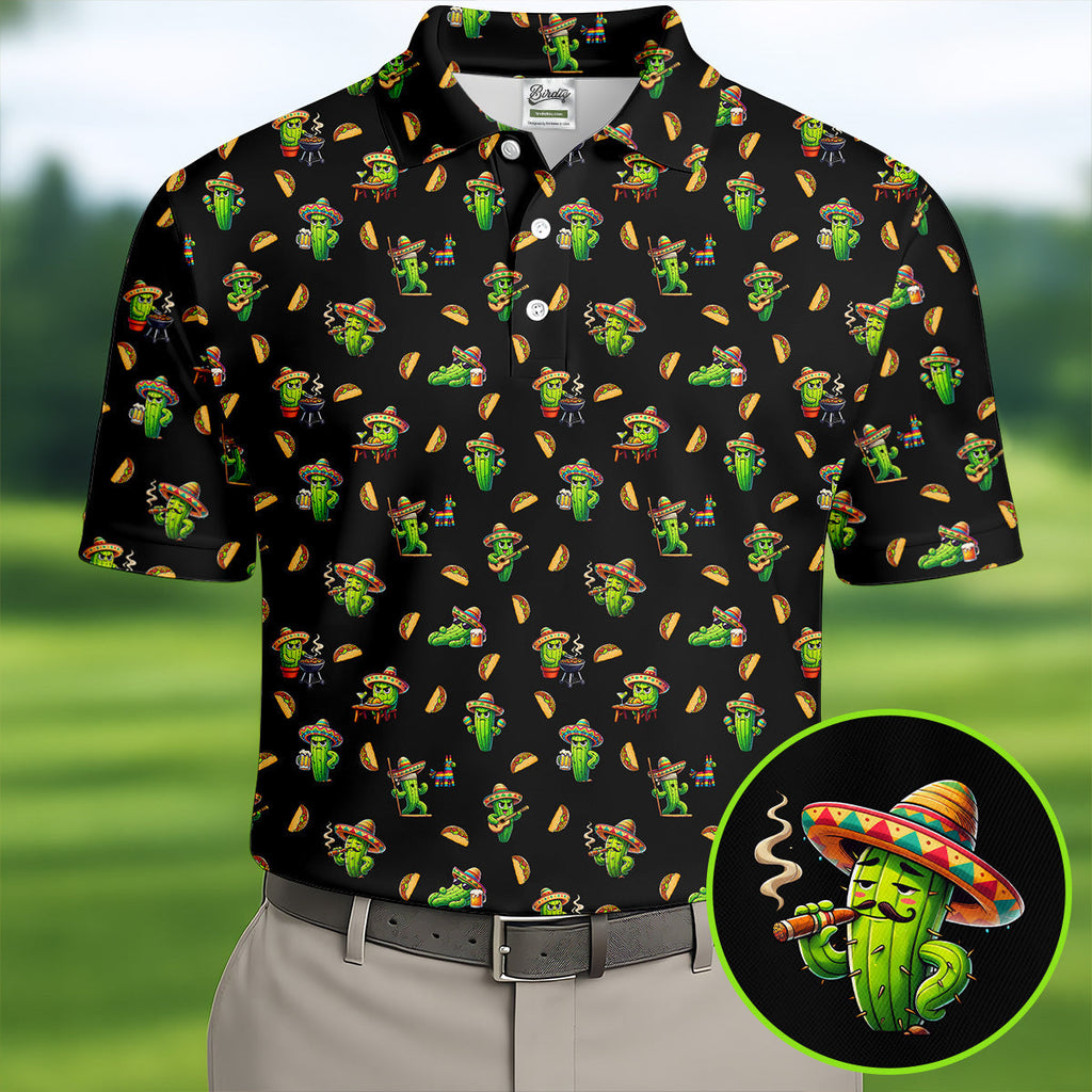 Mexican Mustach Funny Cactus Cinco De Mayo HG Celebration Fiesta Themed Golf Shirts For Men