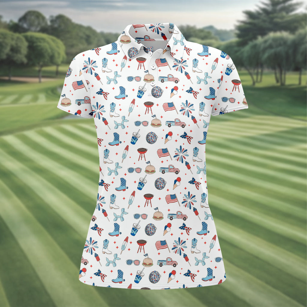 Red White and Blue Womens Golf Polo Shirt HG  Women's 4th Of July Shirts  America 250 Anniversary Shirt  Ladies Golf Shirt