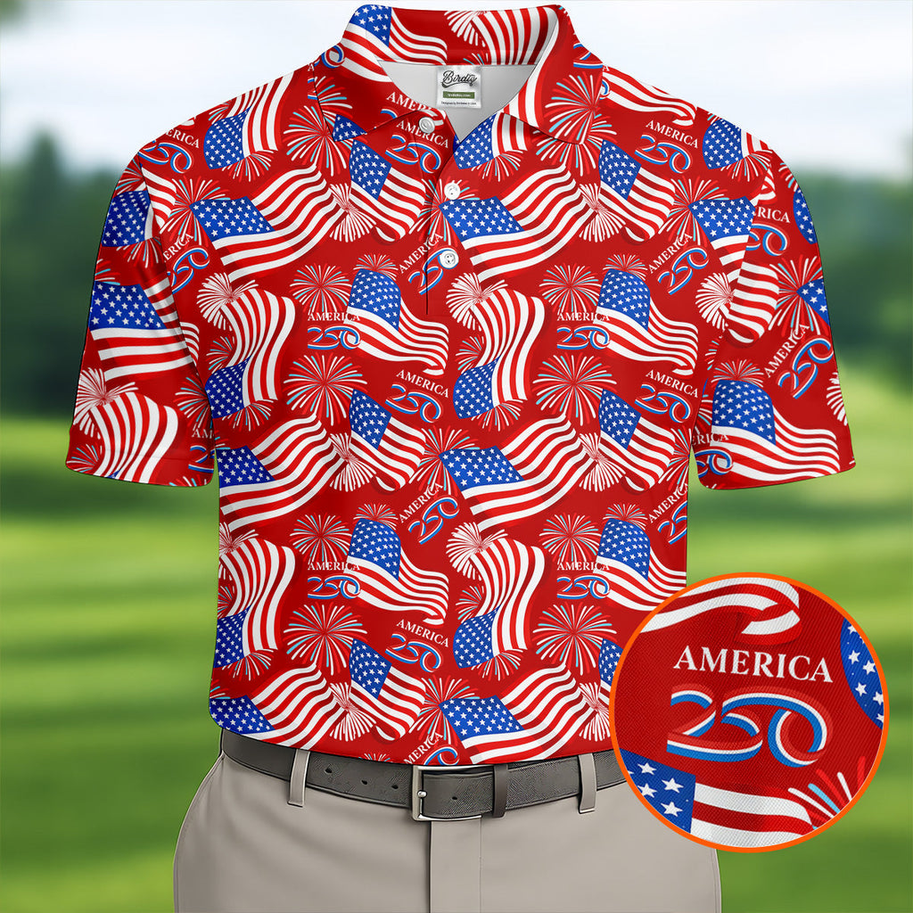 America 250 Anniversary Patriot Flag Red Polo Shirt HG Golf Tops For Men  Golf Shirts For Men