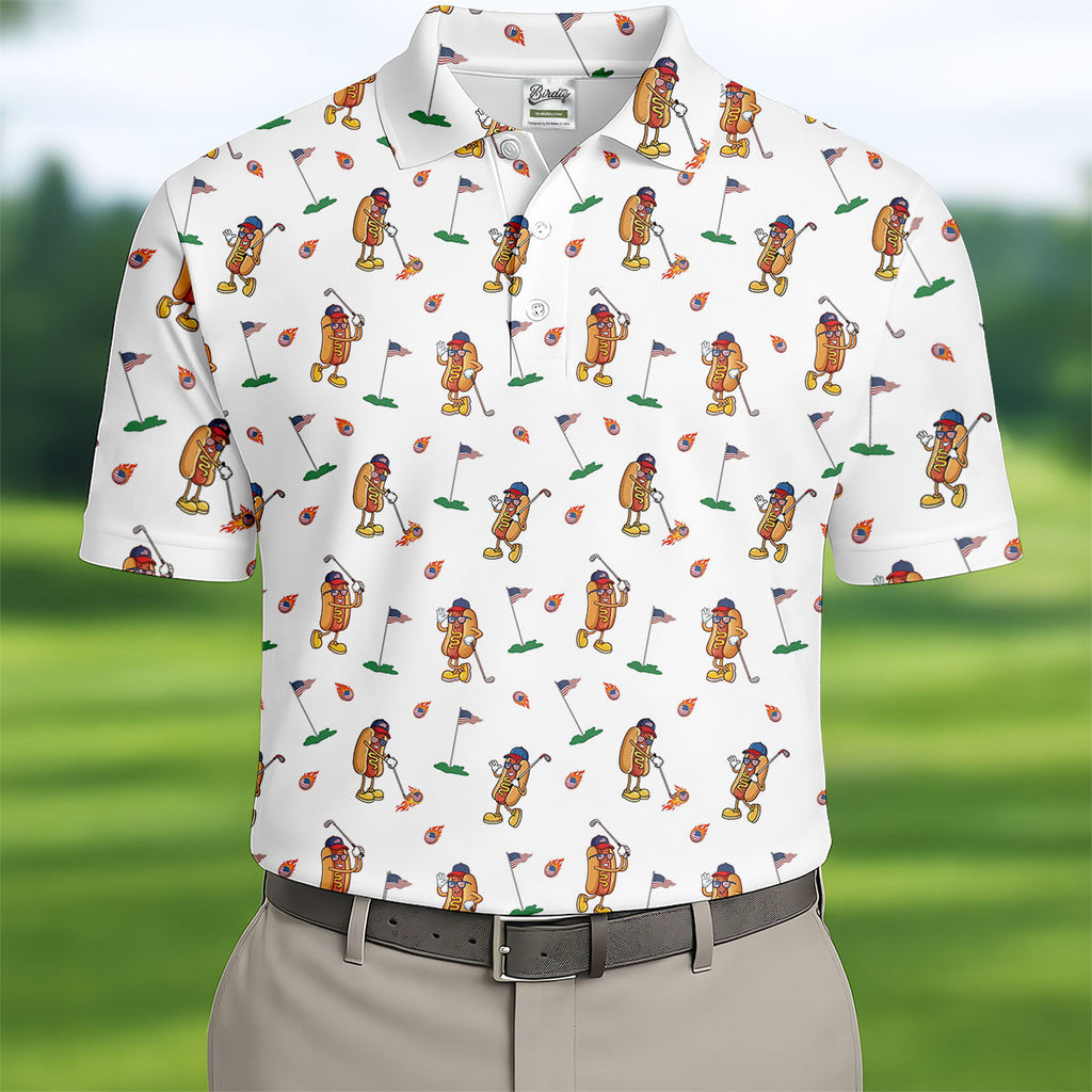 Cartoon Hot Dogs American Flag Pattern 250th Anniversary White Golf Shirt HG   Golf Shirt HG s For Men  Polo Shirts For Men