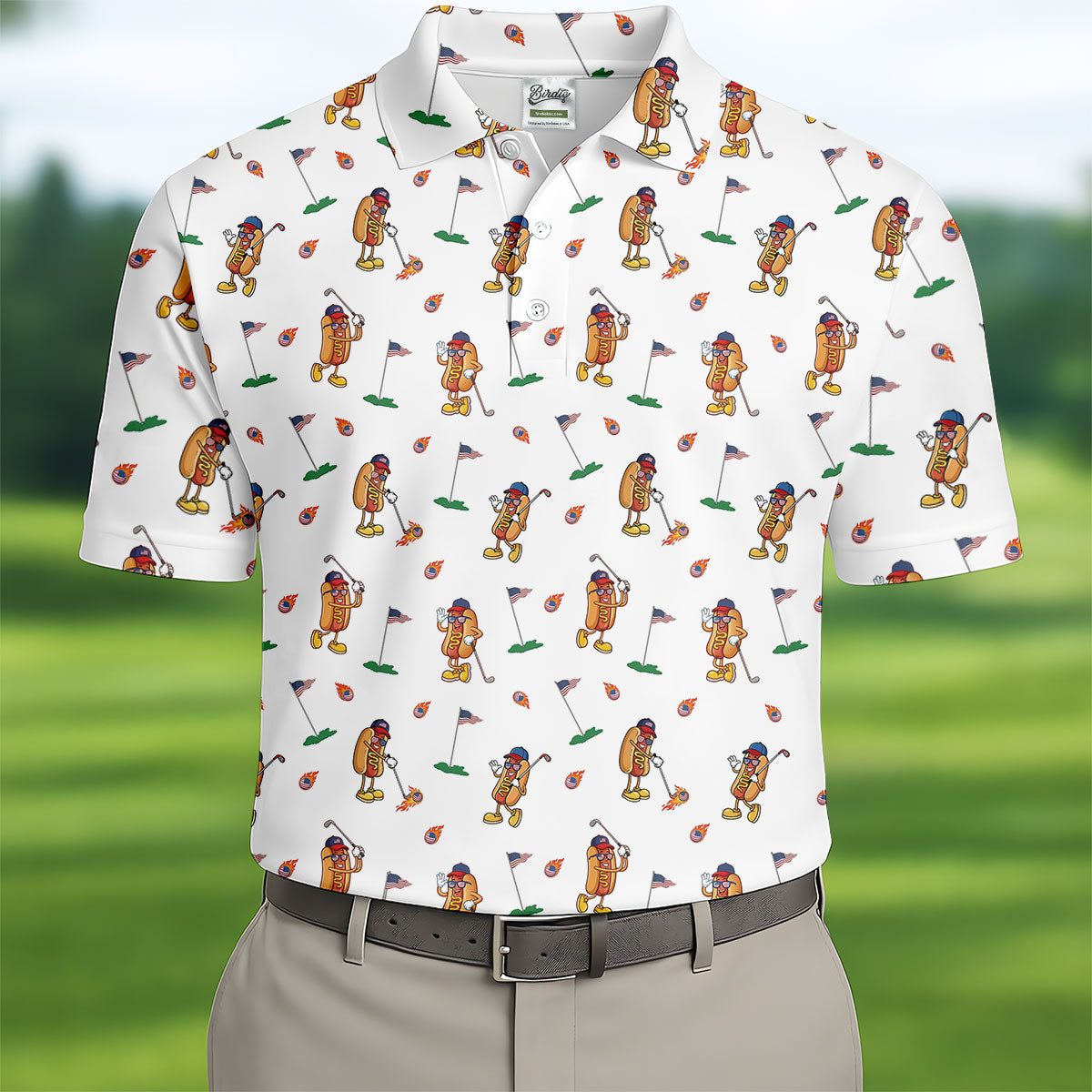 Cartoon Hot Dogs American Flag Pattern 250th Anniversary White Golf Shirt HG   Golf Shirt HG s For Men  Polo Shirts For Men