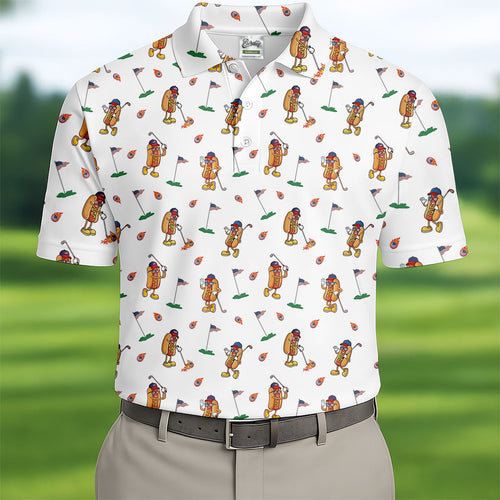 Cartoon Hot Dogs American Flag Pattern 250th Anniversary White Golf Shirt HG   Golf Shirt HG s For Men  Polo Shirts For Men