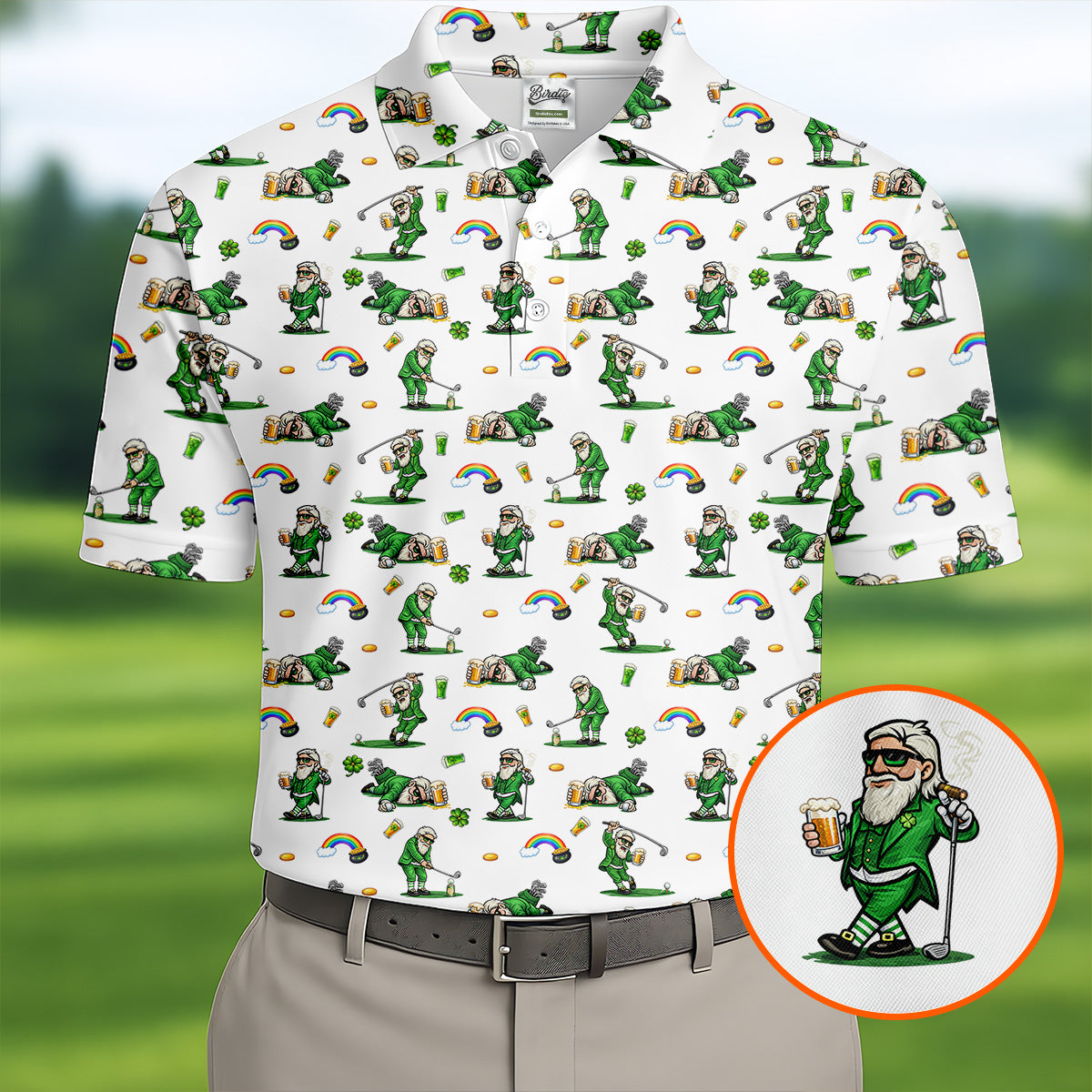 St Patrick's Day Leprechaun Character Golf And Beer White Polo Shirt HG Fun Golf Shirts For Men  Polo For Men