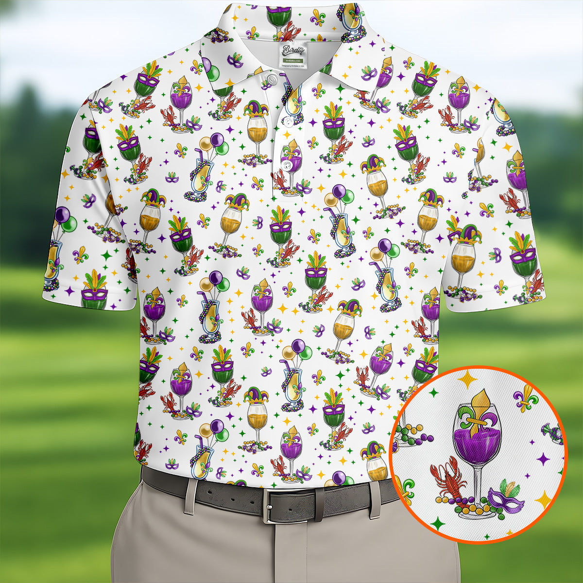 Mardi Gras Wine Glass Beaded Garland Fleur De Lis White Golf Shirt HG   Polo Shirts For Men  Golf Shirt HG s For Men