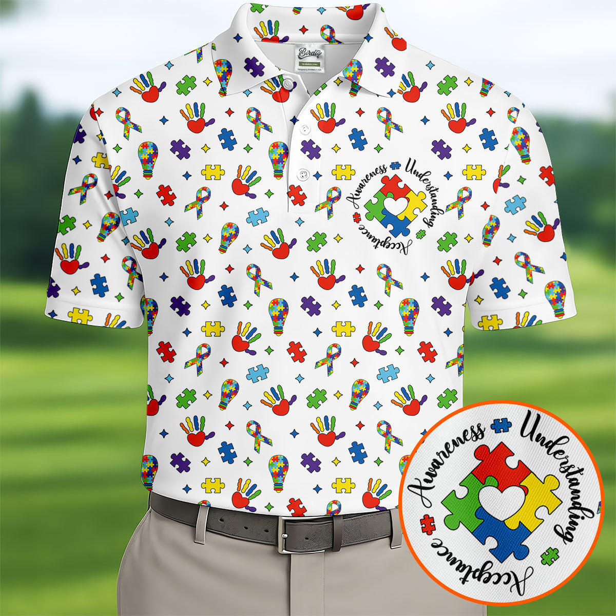 Awareness Understanding Acceptance Autism White Golf Shirt  HG Autism Awareness Colors Golf Shirts For Men