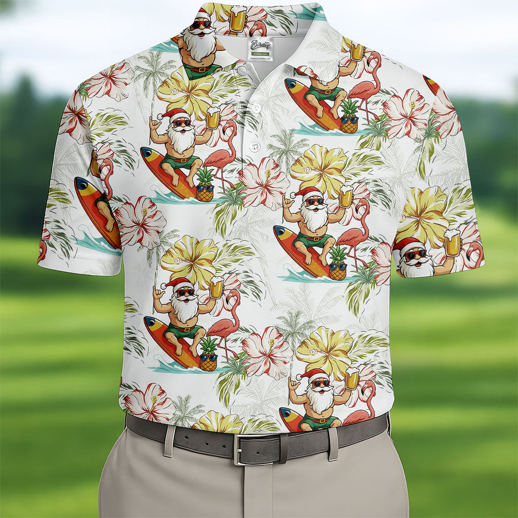 Surfing Santa Hawaiian Golf Shirt HG   Fun Men's Golf Polos  Christmas Golf Shirt HG   Golf Gift For Men