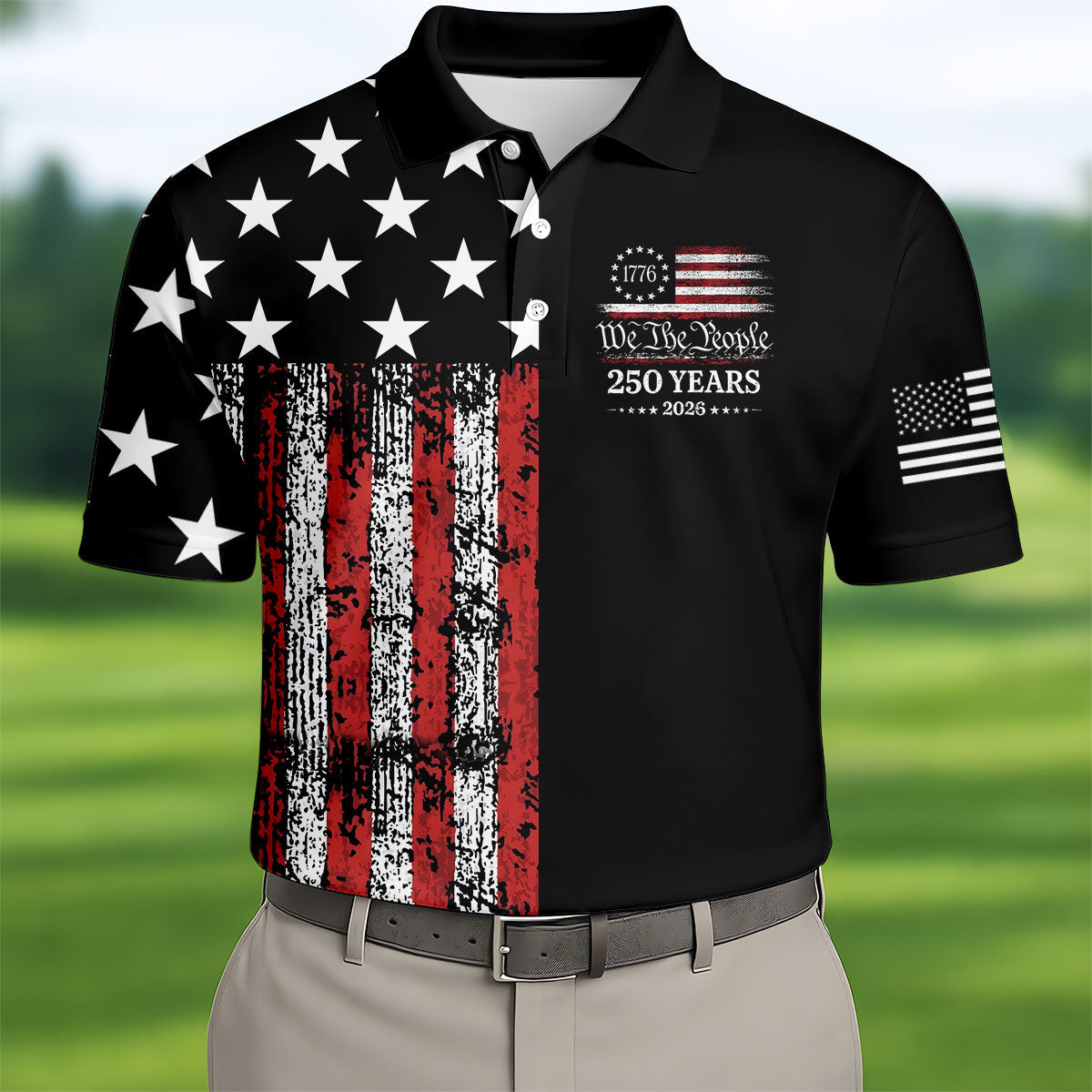 We The People 250 Years Distressed Black Golf Shirt HG   Golf Tops For Men  4th Of July Patriotic Golf Shirt HG s For Men