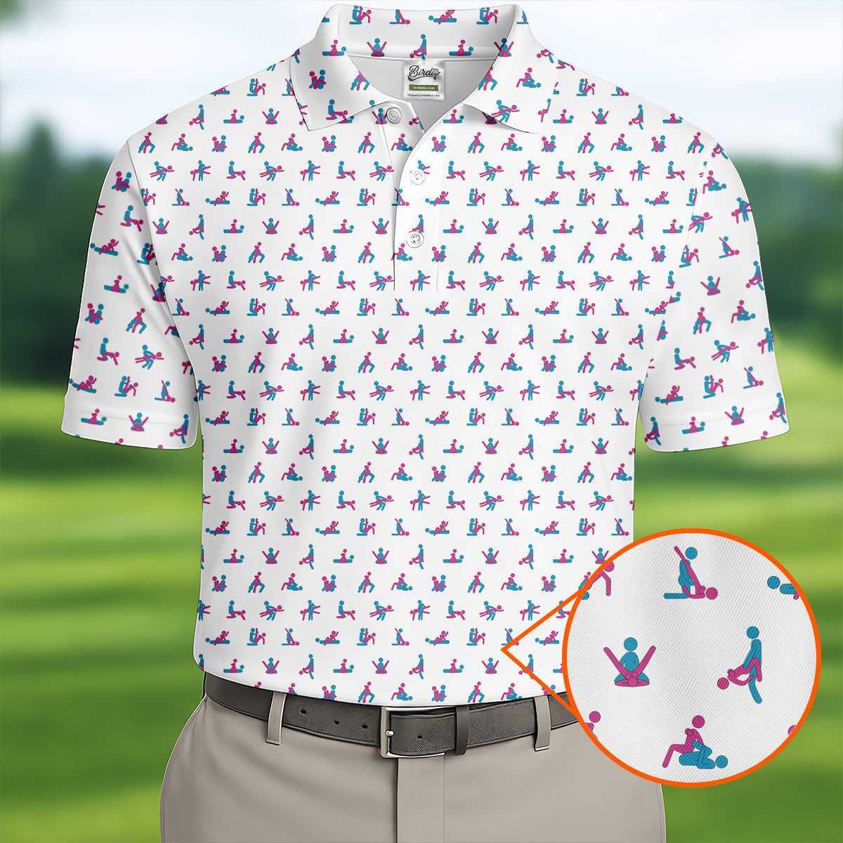 Blue And Pink Naughty Stick People White Golf Shirt HG   Polo Shirts For Men  Golf Gift For Men