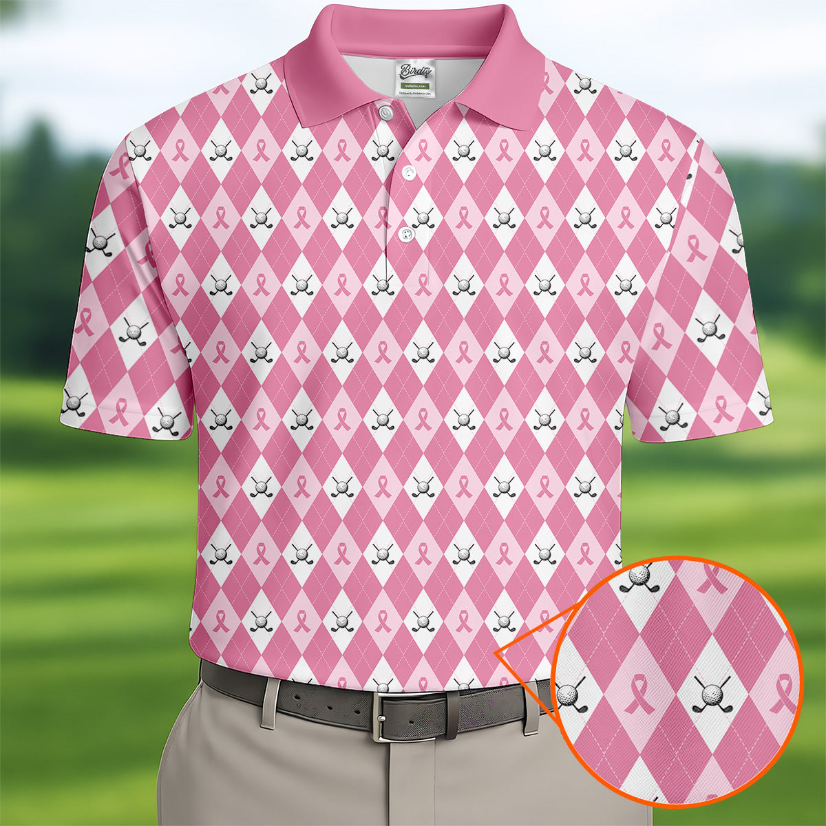 Breast Cancer Golf Shirt HG   Pink Golf Shirt HG  Men  Pink Argyle Golf Shirt HG   Breast Cancer Awareness Shirts