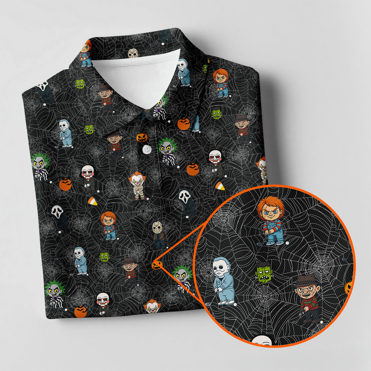 Funny Horror Character Black Golf Polo Shirt HG  Horror Movie Shirt  Halloween Golf Shirt  HG Fun Golf Polos For Men
