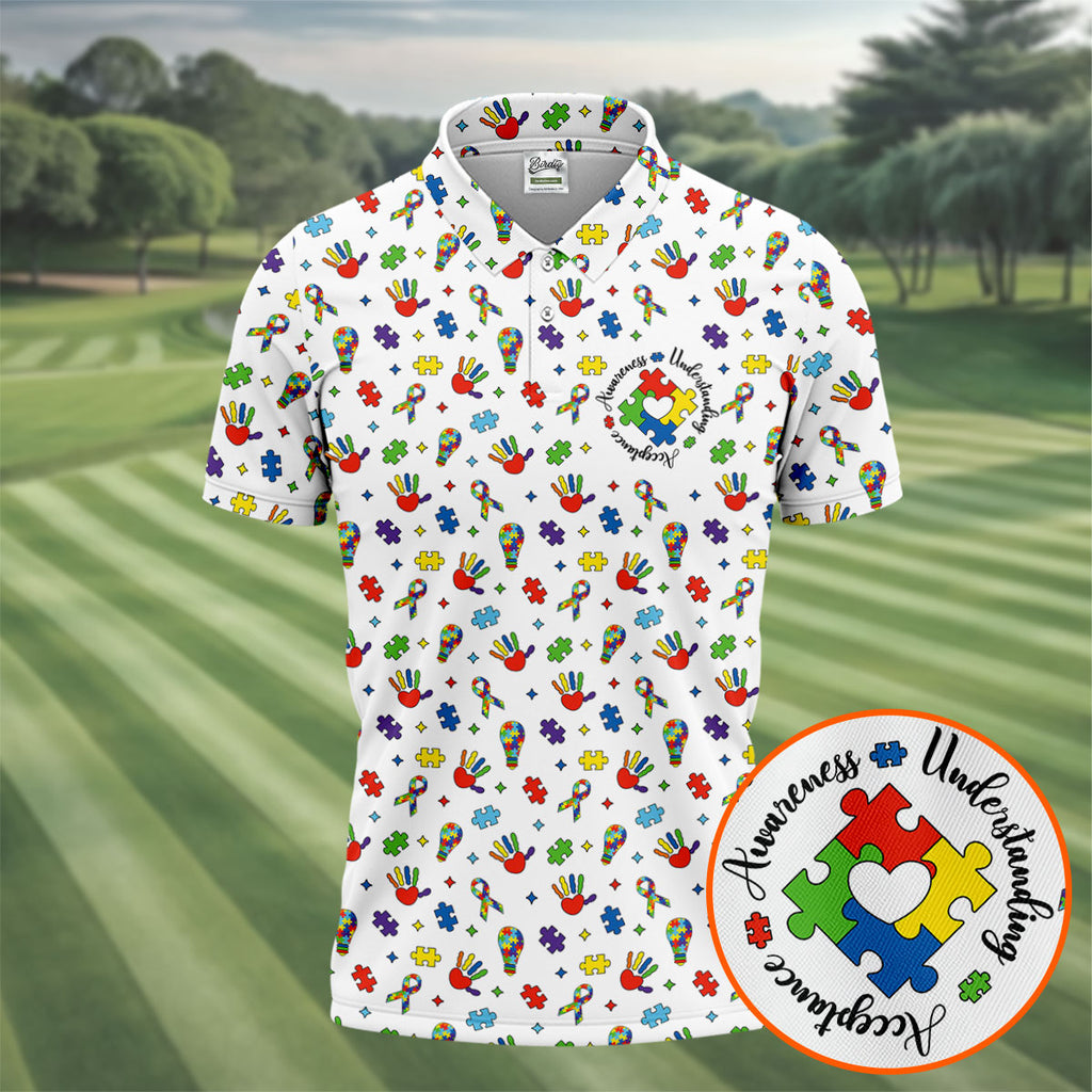 Awareness Understanding Acceptance Autism White Golf Shirt  HG Autism Awareness Colors Golf Shirts For Men