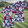Tropical Hibiscus American Flag Womens Golf Polo Shirt HG  4th Of July Shirts  US 250 Anniversary Ladies Golf Shirt