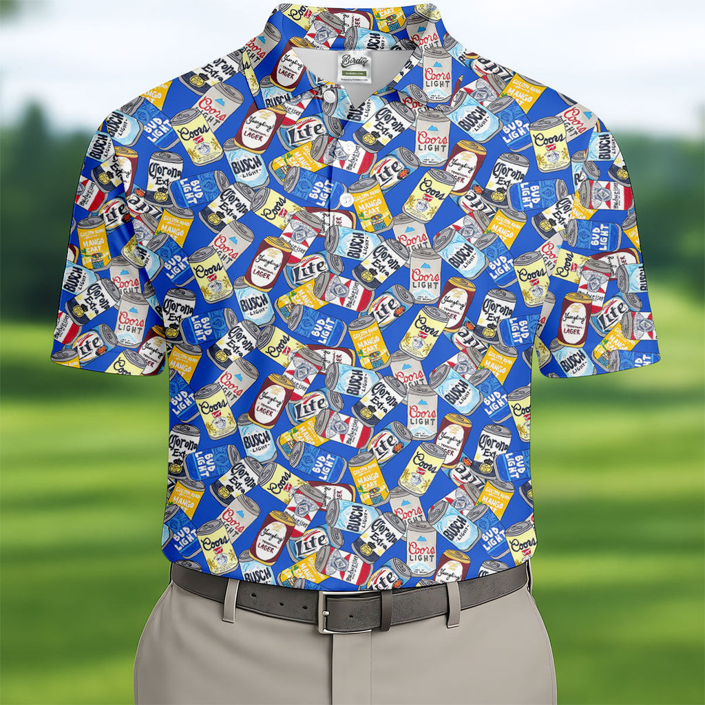 American Beer Cans Blue Golf Shirt HG   Golf And Beer Polo Shirts For Men  Golf Shirt HG s For Men