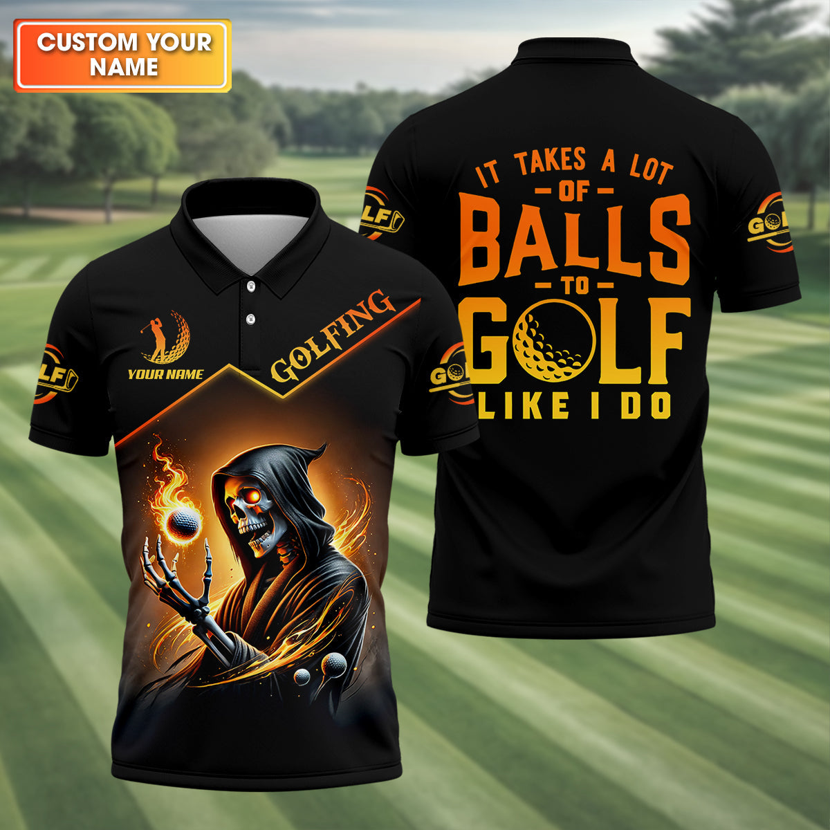 It Takes A Lot Of Golf Balls To Golf Like I Do Golden Fire HG Custom Men's Golf Polo Shirt  Dad Golf Gifts
