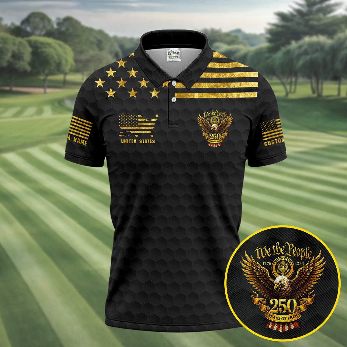 We The People 250 Years Of Free Black And Gold 4th Of July Polo Shirt HG Golf Shirts For Men