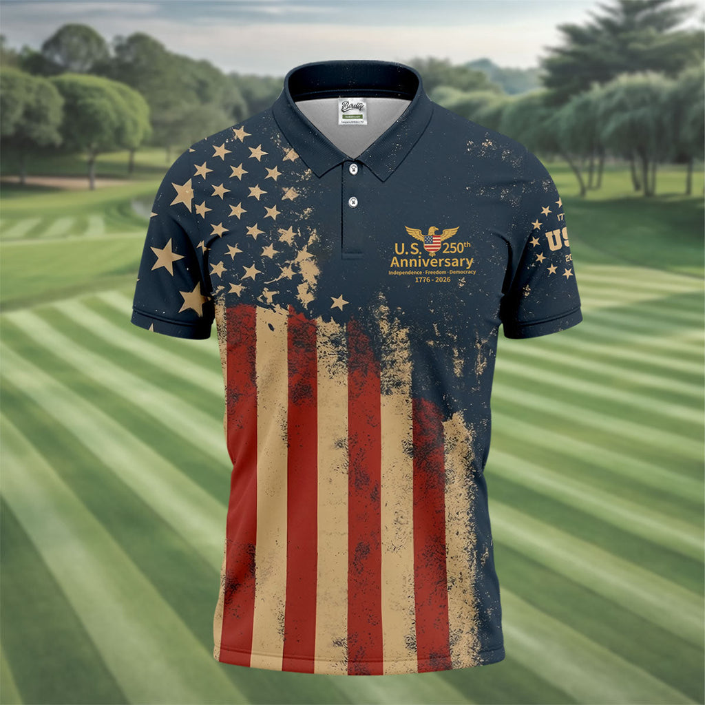 US 250th Anniversary Independence Freedom Democracy Men's Golf Polo Shirt HGs  4th Of July Patriotic Golf Shirt