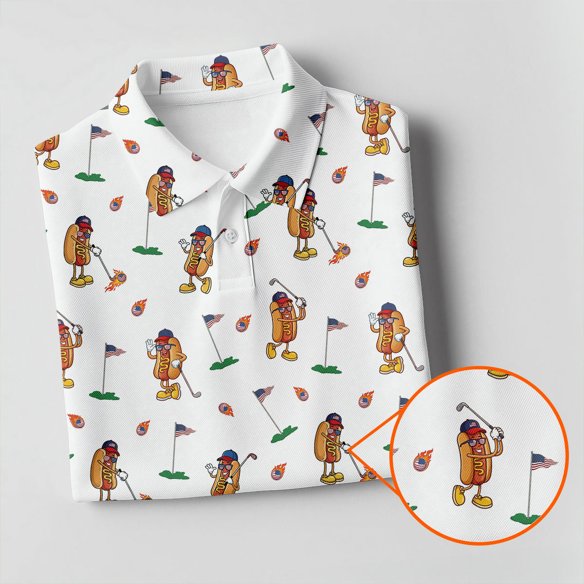 Cartoon Hot Dogs American Flag Pattern 250th Anniversary White Golf Shirt HG   Golf Shirt HG s For Men  Polo Shirts For Men