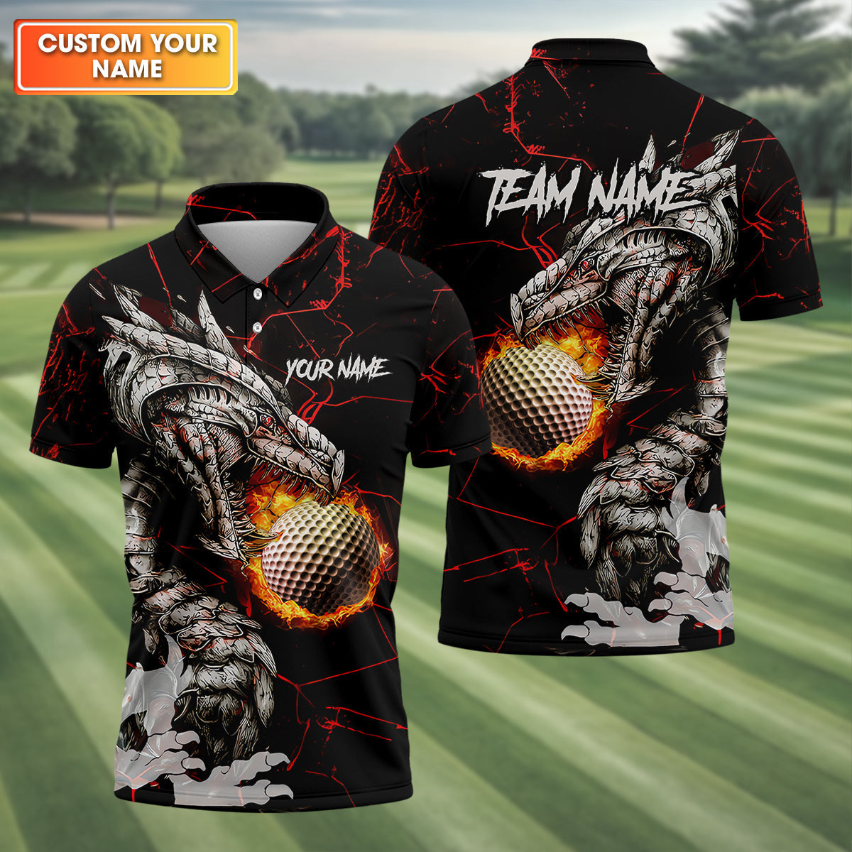 Flaming Dragon Custom Golf Polo Shirt  Dad Golf Gift  Golf Lover Gifts HG