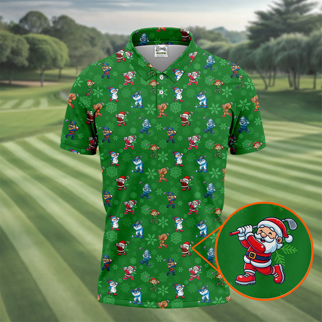 Funny Christmas Characters Golf Pose Green Golf Shirt HG   Christmas Golf Shirt HG   Polo Shirts For Men