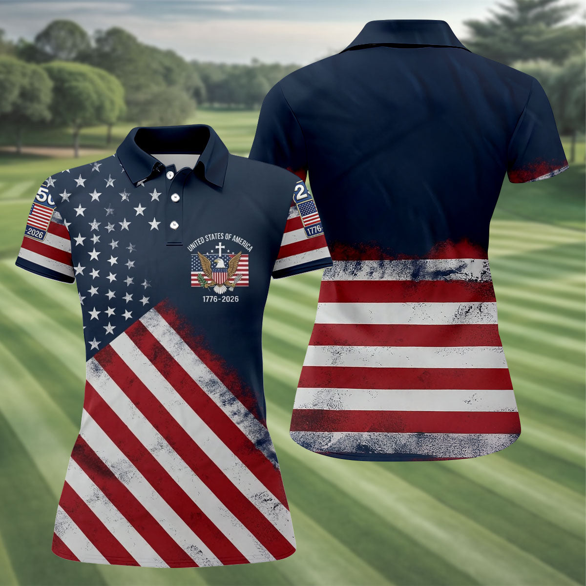 US Bald Eagle Distressed Flag 250 Faith Cross Ladies Golf Tops  Patriotic 4th Of July Polo Shirt HGFor Women