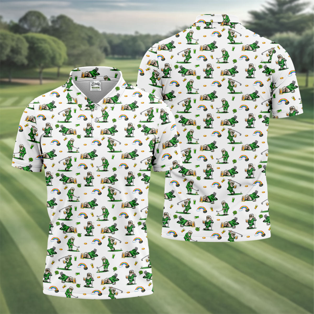 St Patrick's Day Leprechaun Character Golf And Beer White Polo Shirt HG Fun Golf Shirts For Men  Polo For Men