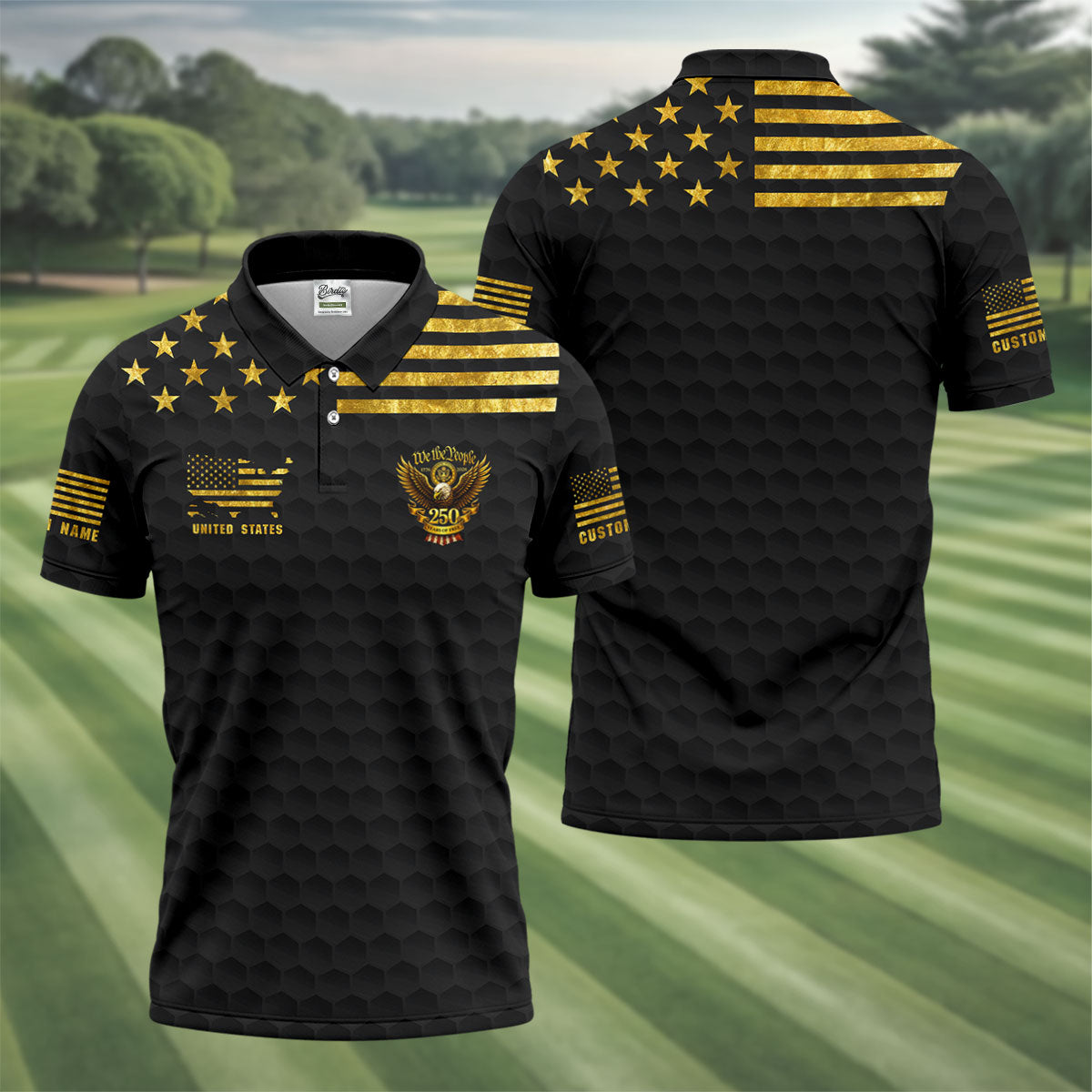 We The People 250 Years Of Free Black And Gold 4th Of July Polo Shirt HG Golf Shirts For Men