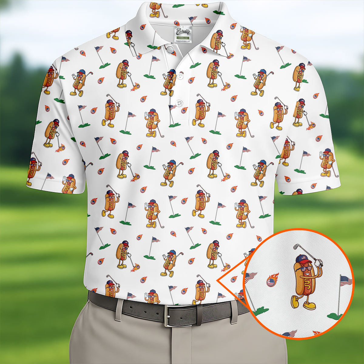Cartoon Hot Dogs American Flag Pattern 250th Anniversary White Golf Shirt HG   Golf Shirt HG s For Men  Polo Shirts For Men