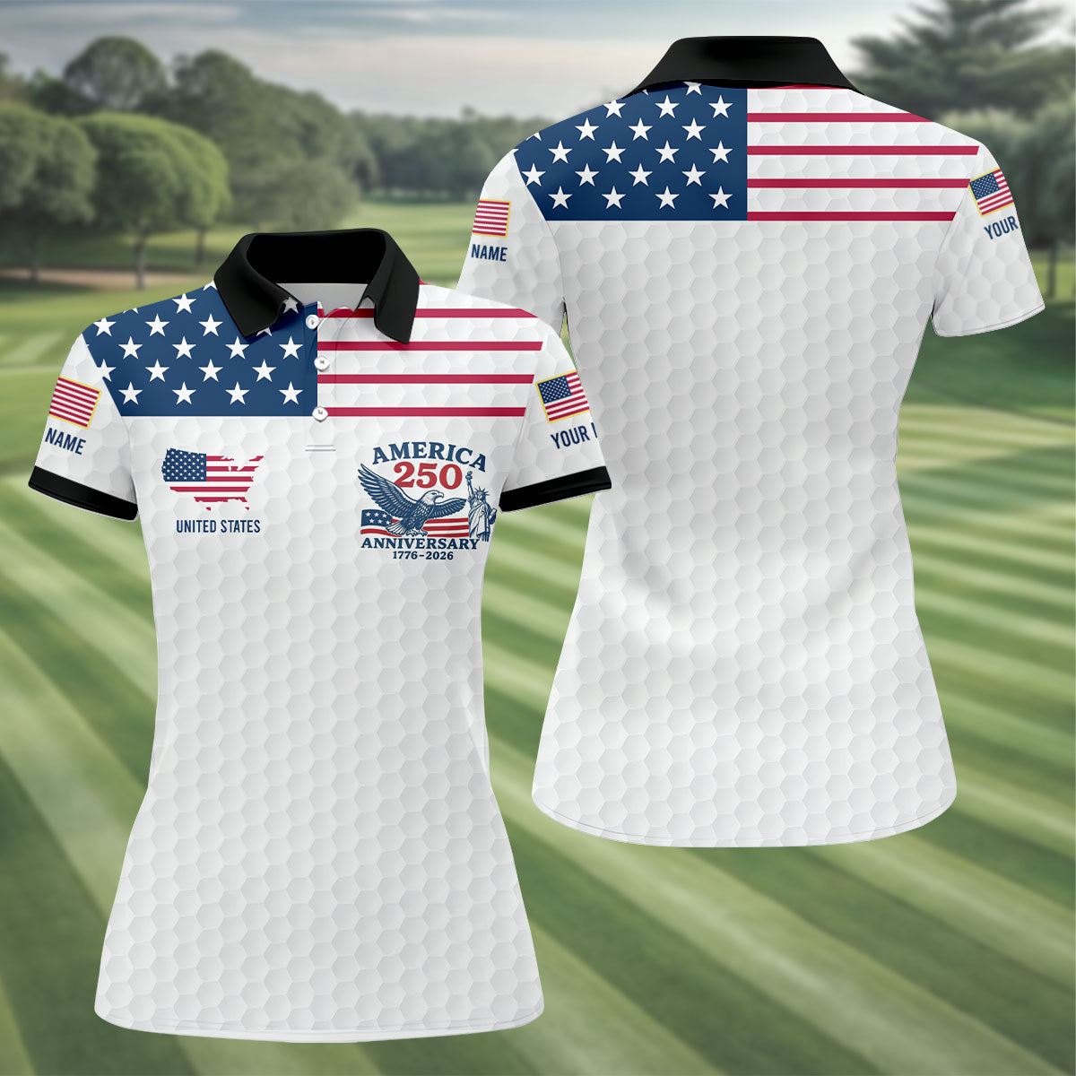 America 250 Anniversary 1776-2026 Golf Ball Pattern Patriotic Polo Shirt HG Women's Golf Tops  Ladies Golf Polos