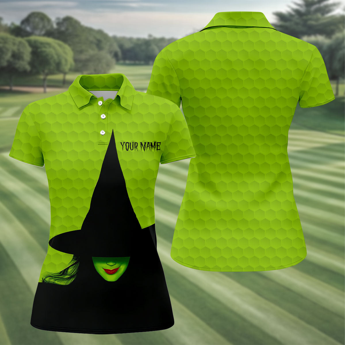 The Green Witch Golf Ball Pattern Fun Women's Golf Shirts HG  Spooky Vibe Ladies Golf Polos  Halloween Golf Shirt