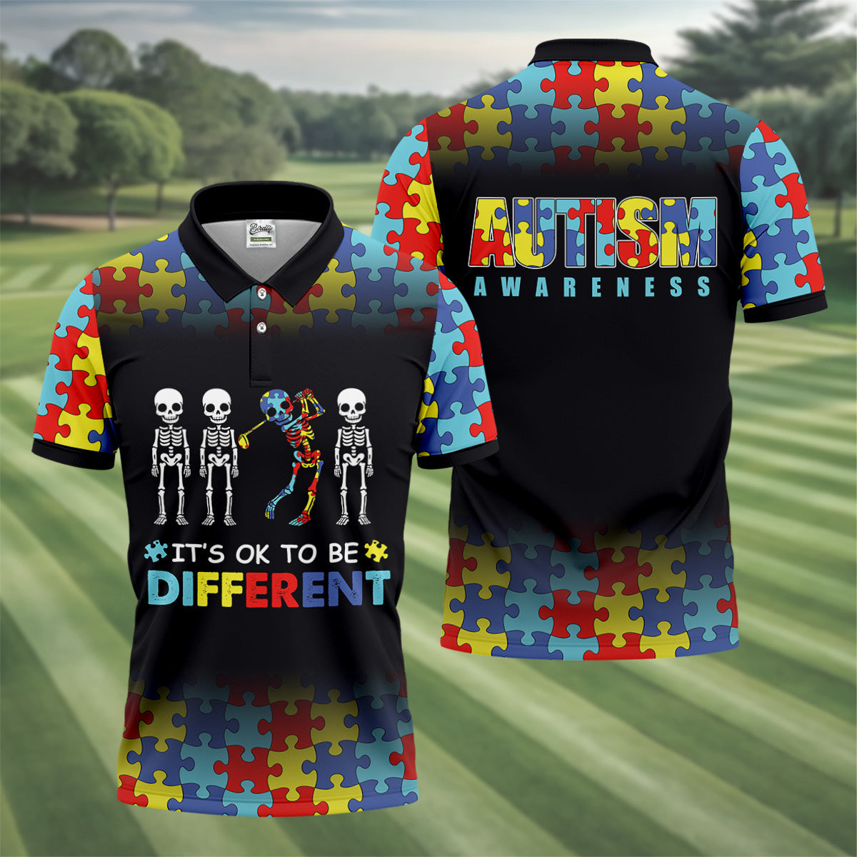 It's Ok To Be Different Men Polo Shirt HG  Autism Awareness Puzzle Pattern Black Fade Golf Shirts For Men  Autism Golf Shirt