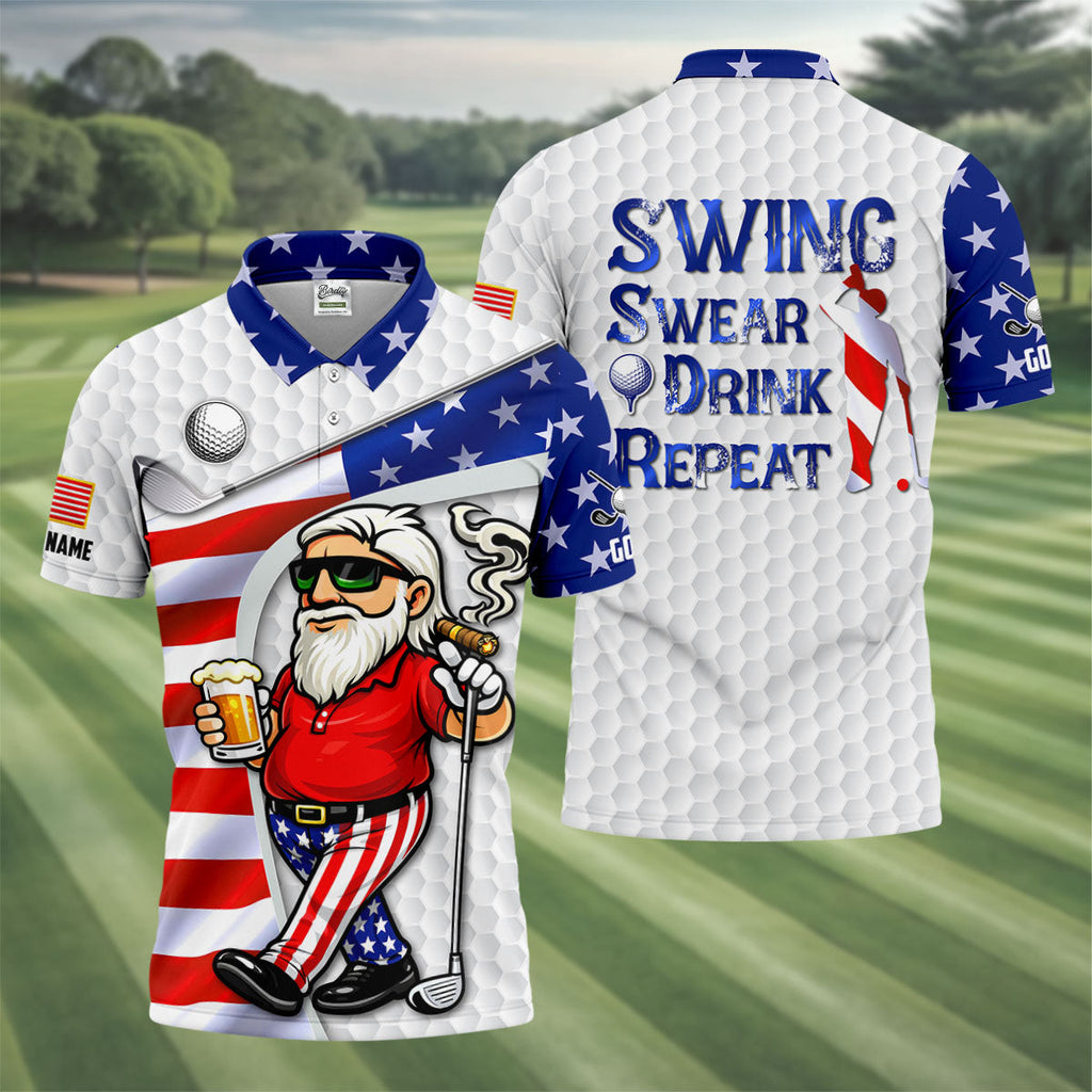Swing Swear Drink Repeat Golf And Beer Patriotic Man 4th Of July White Polo Shirt HG 250 Years Golf Shirts For Men