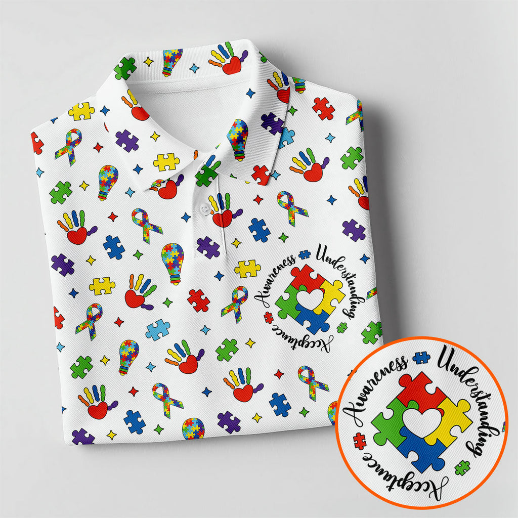 Awareness Understanding Acceptance Autism White Golf Shirt  HG Autism Awareness Colors Golf Shirts For Men