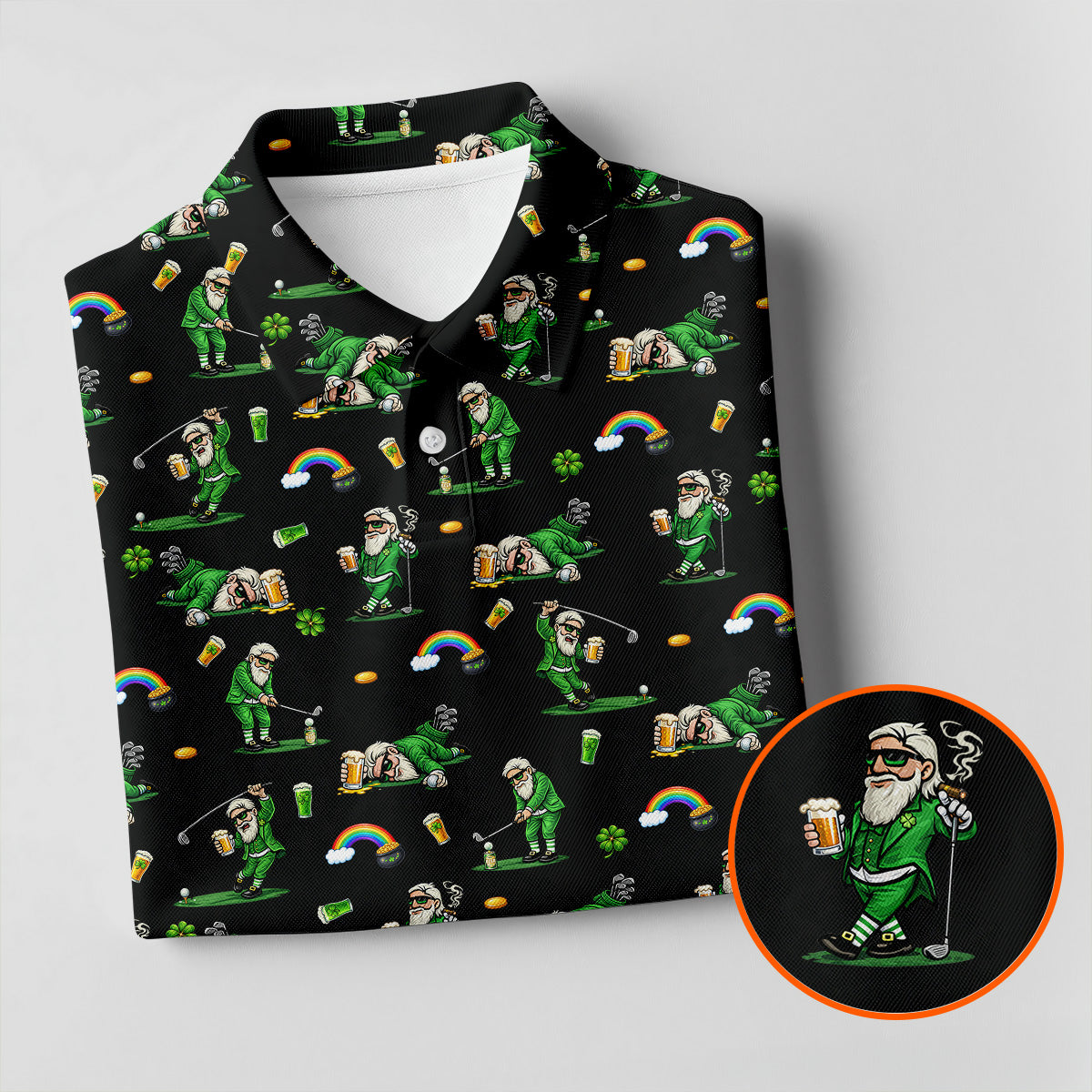 St Patrick's Day Leprechaun Character Golf And Beer Black Polo Shirt HG Fun Women's Golf Shirts  Ladies Golf Polos