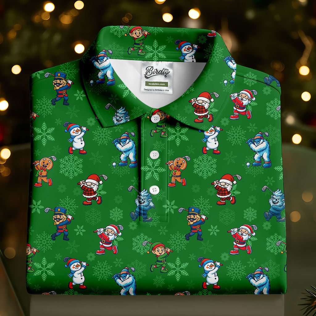 Funny Christmas Characters Golf Pose Green Golf Shirt HG   Christmas Golf Shirt HG   Polo Shirts For Men