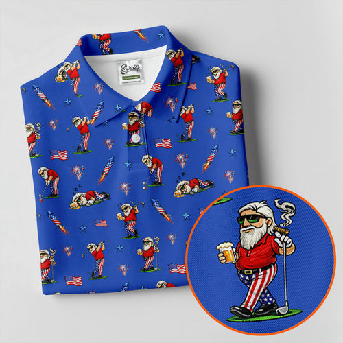 4th Of July Funny Man Golf And Beer Blue Golf Shirt  HG Patriotic Golf Shirt  HG 250th Anniversary Golf Shirts For Men