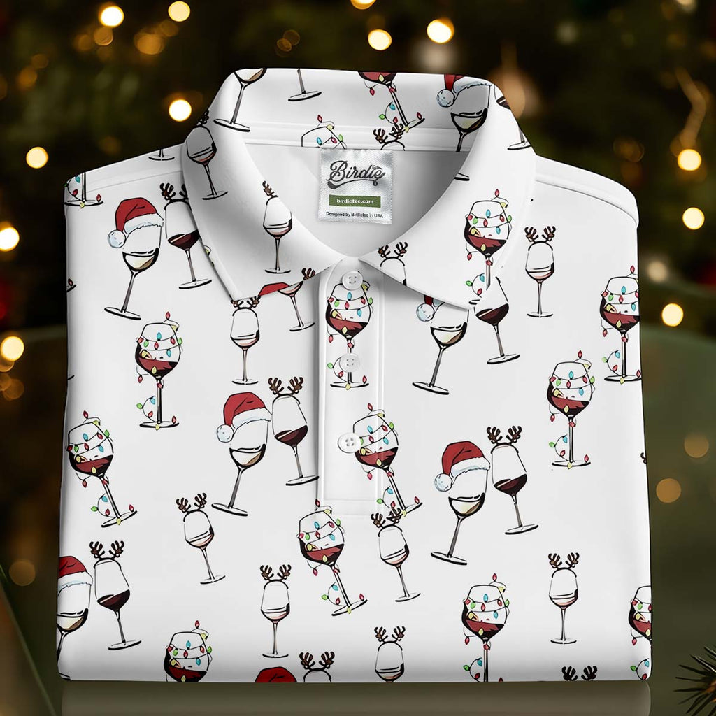 Christmas Wine Glass With Colorful Lighting White Golf Shirt HG   Christmas Golf Shirt HG   Women's Golf Tops