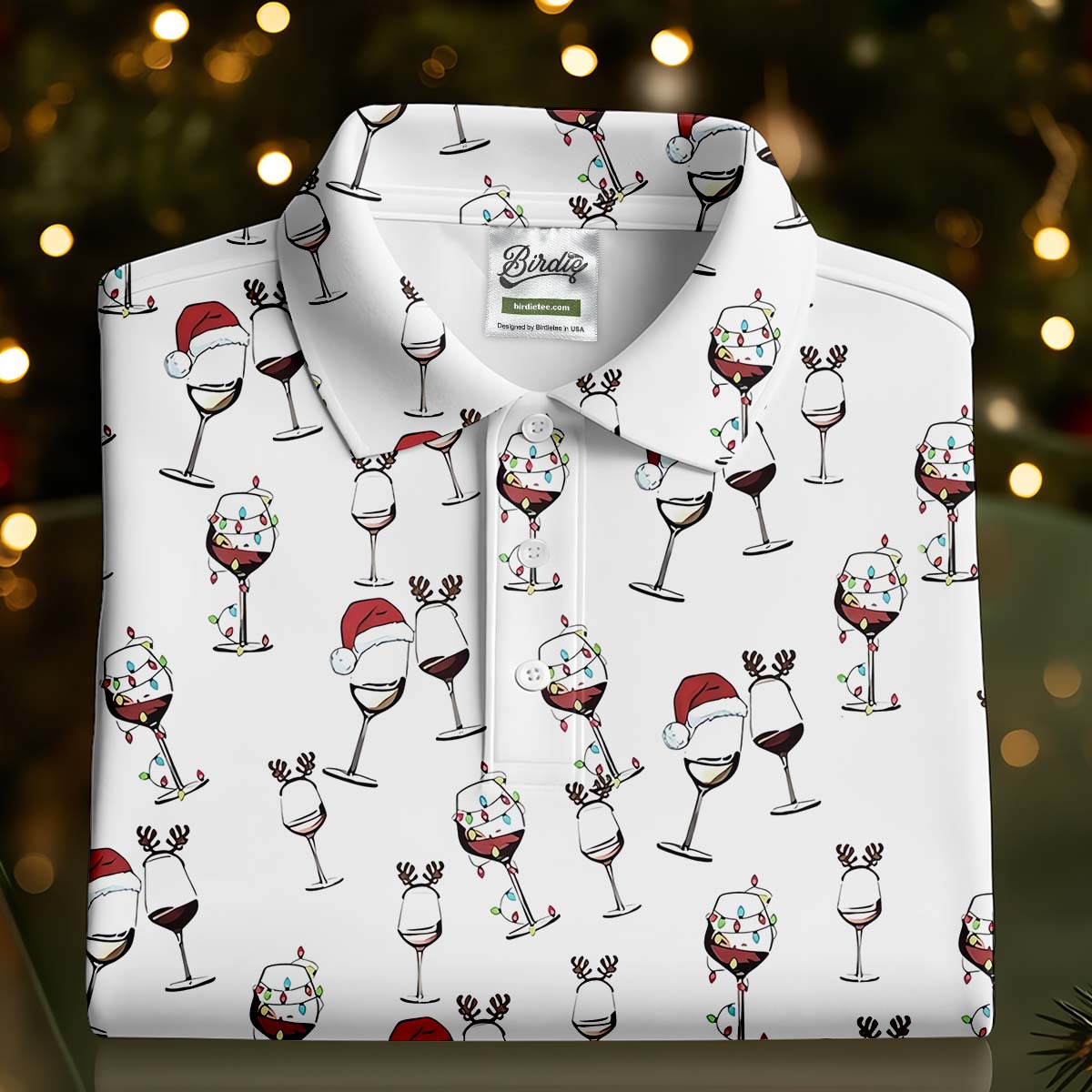 Christmas Wine Glass With Colorful Lighting White Golf Shirt HG   Christmas Golf Shirt HG   Women's Golf Tops