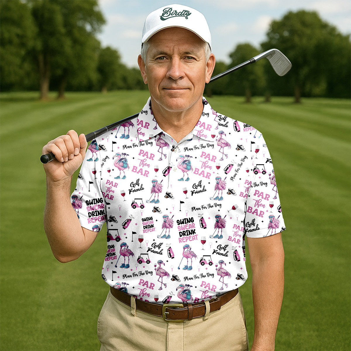 Par Then Bar Flamingo Funny Men Polo Shirt HG  Fun Golf Polos For Men  Golf Shirts  Dad Golf Gift