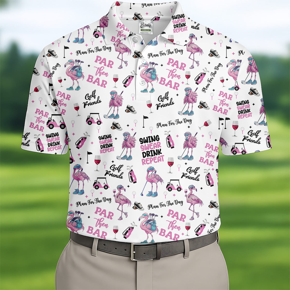 Par Then Bar Flamingo Funny Men Polo Shirt HG  Fun Golf Polos For Men  Golf Shirts  Dad Golf Gift