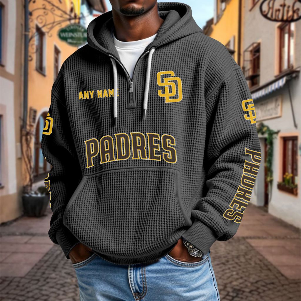 San Diego Padres Personalized Name Quarter Waffle Zip Hoodie Or Waffle Half-Zip Pullover NVA