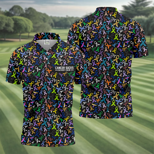 Cancer Sucks In Every Color Golf Tops For Men  Mens Golf Polo Shirt HGs  Cancer Awareness Shirt  Cancer Survivor Shirt