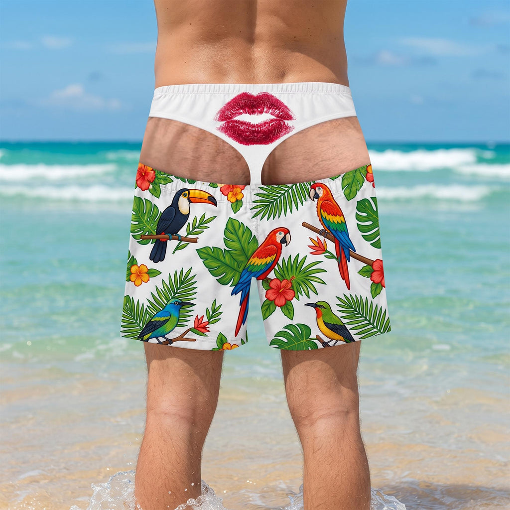 Funny Men’s Swim Trunks, Parrots KISS Fake Underwear Beach Shorts, Wide Load Birthday Gag Gift For Him, Summer Gag Gift For Men, Summer Vacation hg
