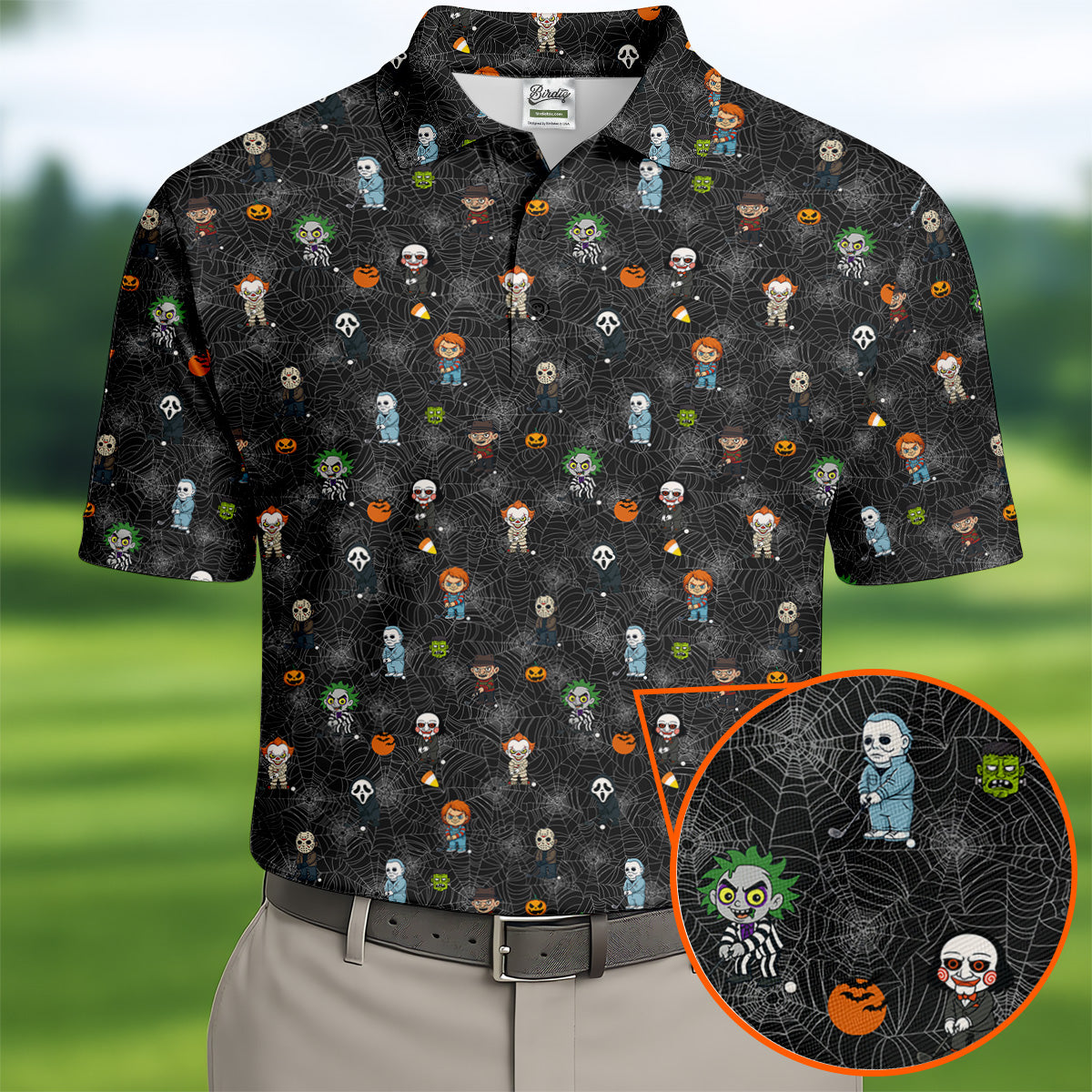 Funny Horror Character Black Golf Polo Shirt HG  Horror Movie Shirt  Halloween Golf Shirt  HG Fun Golf Polos For Men