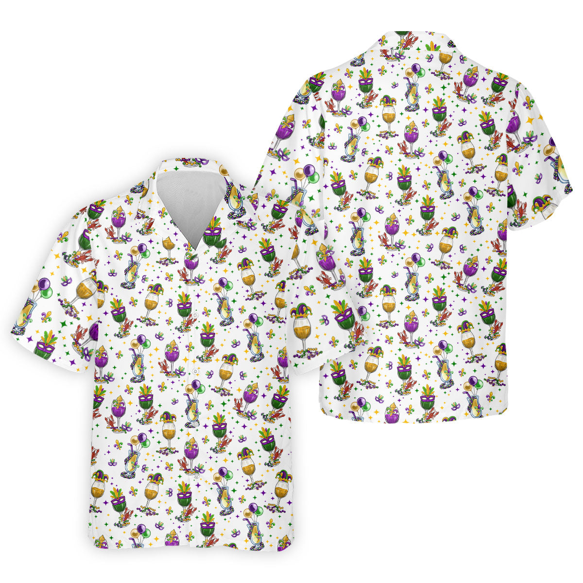 Mardi Gras Wine Glass Beaded Garland Fleur De Lis White Hawaiian Shirt HG   s For Men  Hawaiian Shirt HG  For Men
