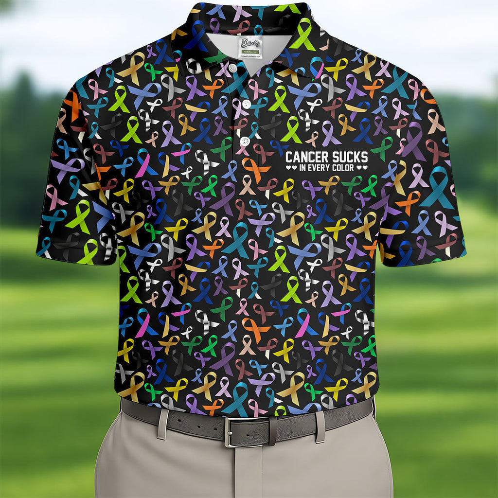 Cancer Sucks In Every Color Golf Tops For Men  Mens Golf Polo Shirt HGs  Cancer Awareness Shirt  Cancer Survivor Shirt