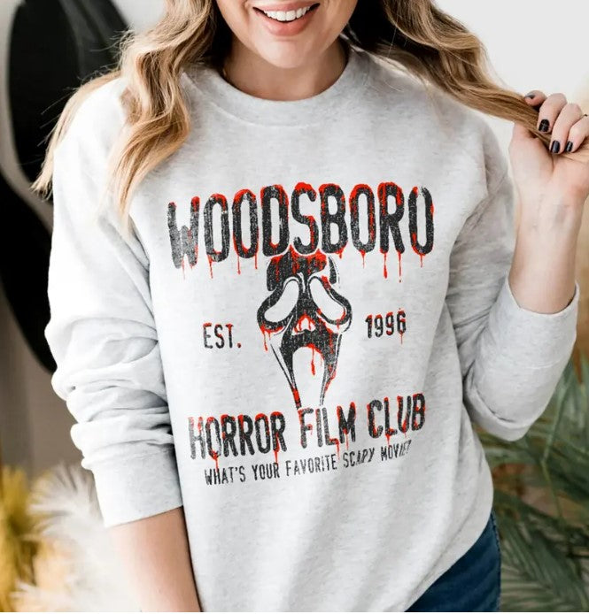Woodsboro Horror Film Club Halloween Sweatshirt, Ghostface Halloween Crewneck Sweatshirt, Scary Movies Halloween Sweater, Horror Characters Sweatshirt, Halloween LN