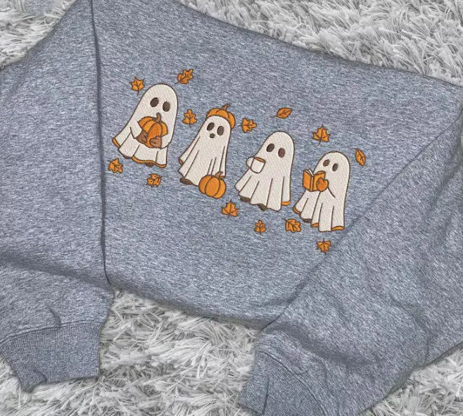 Embroidered Spooky Fall Sweatshirt, Vintage Halloween Pumpkin Spooky Season Sweater, Ghost And Pumpkin Crewneck, Halloween Gifts LN